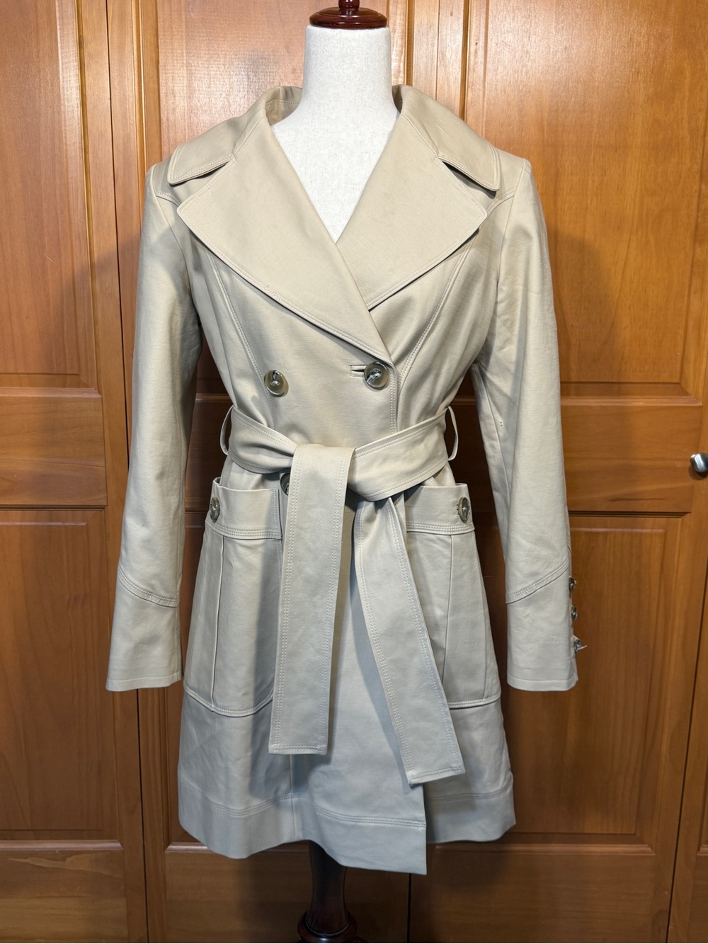 Vintage Kristen Blake Peplum Back Beige Double-Breasted Lined Belted Trench Coat